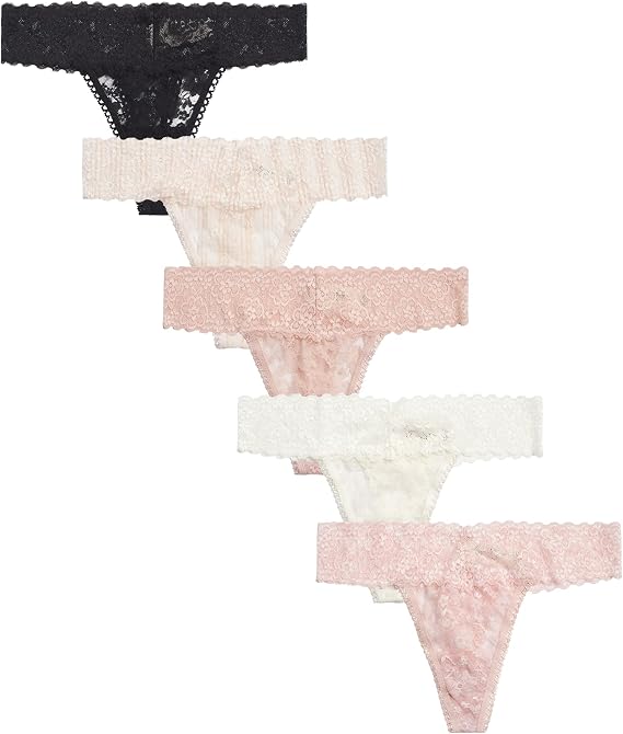 Jessica Simpson Women's Thong Underwear - 5 Pack Microfiber Stretch Lace Panties Soft & Sexy Lingerie for Women