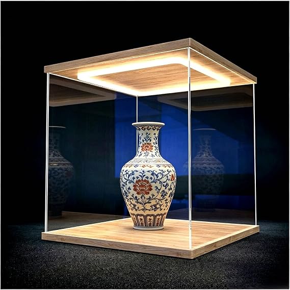 Stackable Acrylic Display Case with LED Lighting, High Transparency Storage Cabinet, Dustproof Showcase Box with Wooden Base(40x40x40cm(16x16x16in))