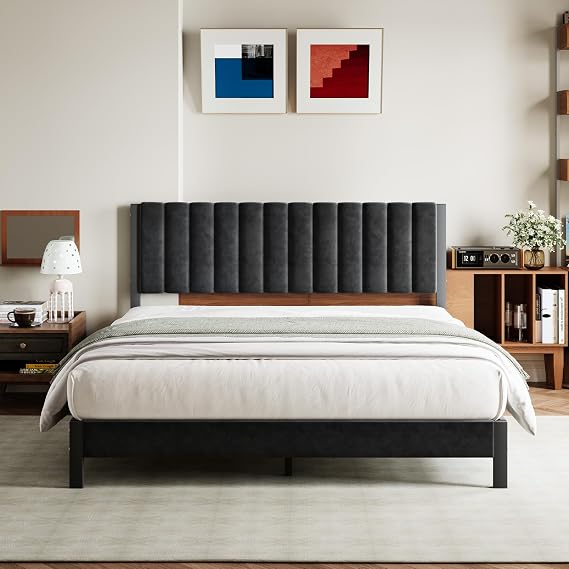 Avenco King Size Bed Frame with Velvet Upholstered Piano Keys Headboard, Metal Bed Frame Platform Design with Metal Slats for Bedroom, Black