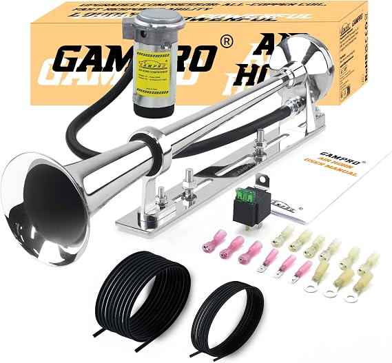 GAMPRO 12V 150DB Air Horn with Install Mounting Bracket Kit, 18 Inches Chrome Zinc Single Trumpet Truck Air Horn with Compressor kit for Any 12V Vehicles Trucks Lorrys Trains Boats Cars (silver)