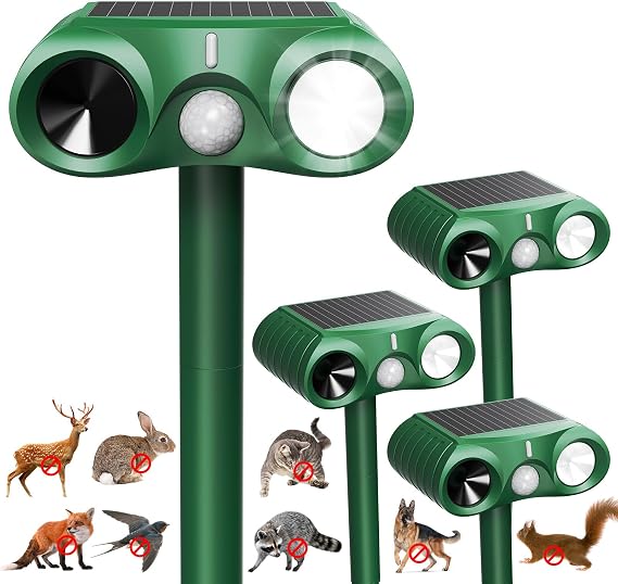 4 Pack Solar Cat Repellent for Gardens UK, Ultrasonic Animal Repeller with USB & Solar, Waterproof Cat Scarers for Gardens with Motion Sensor for Farm Squirrels Dogs Cats Foxes Birds