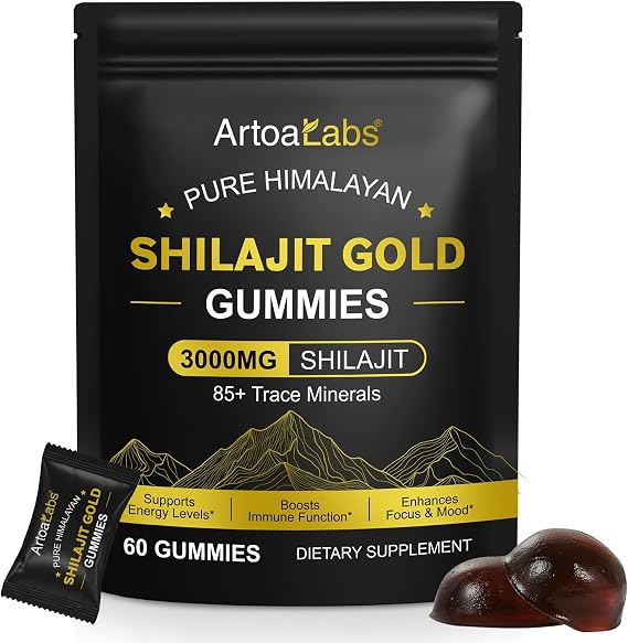 Shilajit Gummies for Men & Women, Supplment 3000mg, 60 Natural Himalayan Gold Gummies with Ashwagandha & Gokshura, Energy & Immune Support- Gluten Free, Leaf Liquid Extract