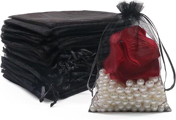 SumDirect 100Pcs 4"x6" Sheer Drawstring Organza Jewelry Pouches Wedding Party Christmas Favor Gift Bags (Black)