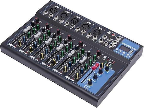 Mixer Audio, Portable Audio Mixer,7 Channel Audio Mixer, w/USB DJ Sound Mixing Console,MP3 Jack 48V Power Computer Recording, Professional Audio Mixer Sound Board Console Desk