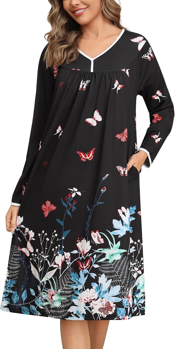 YOZLY Nightgows for Women Soft Ladies Night Gowns Long Sleeve Sleepwear with Pockets
