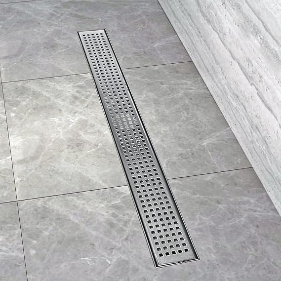 ZA Linear Shower Drain (32 Inch Squares Pattern) Sleek and Modern Brushed Stainless Steel, with Hair Strainer, Leveling Feet and Threaded Adapter