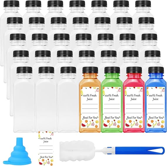 35 Pack 350ml Plastic Juice Bottles with Lids, Clear Square Bottles
