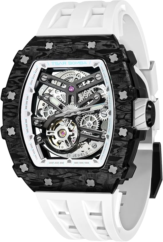 TSAR BOMBA Men's Watch 5ATM Waterproof Skeleton Tonneau Tear Watch Sport Fashion Silicone Strap Stainless Steel Luxury Business Mechanical Automatic Mens Watch Sapphire Glass Best Men Gift