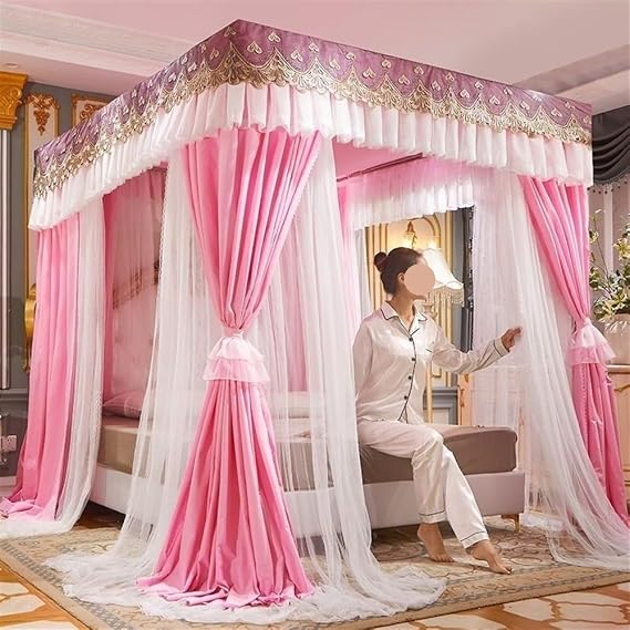 Bed Curtains with Elegant Ruffle, Canopy Bed Curtains with Mosquito Net for Bed, Double-Layer Privacy Canopy with Frame, Privacy Bed Canopy(Pink,W78.7 x L86.6in)