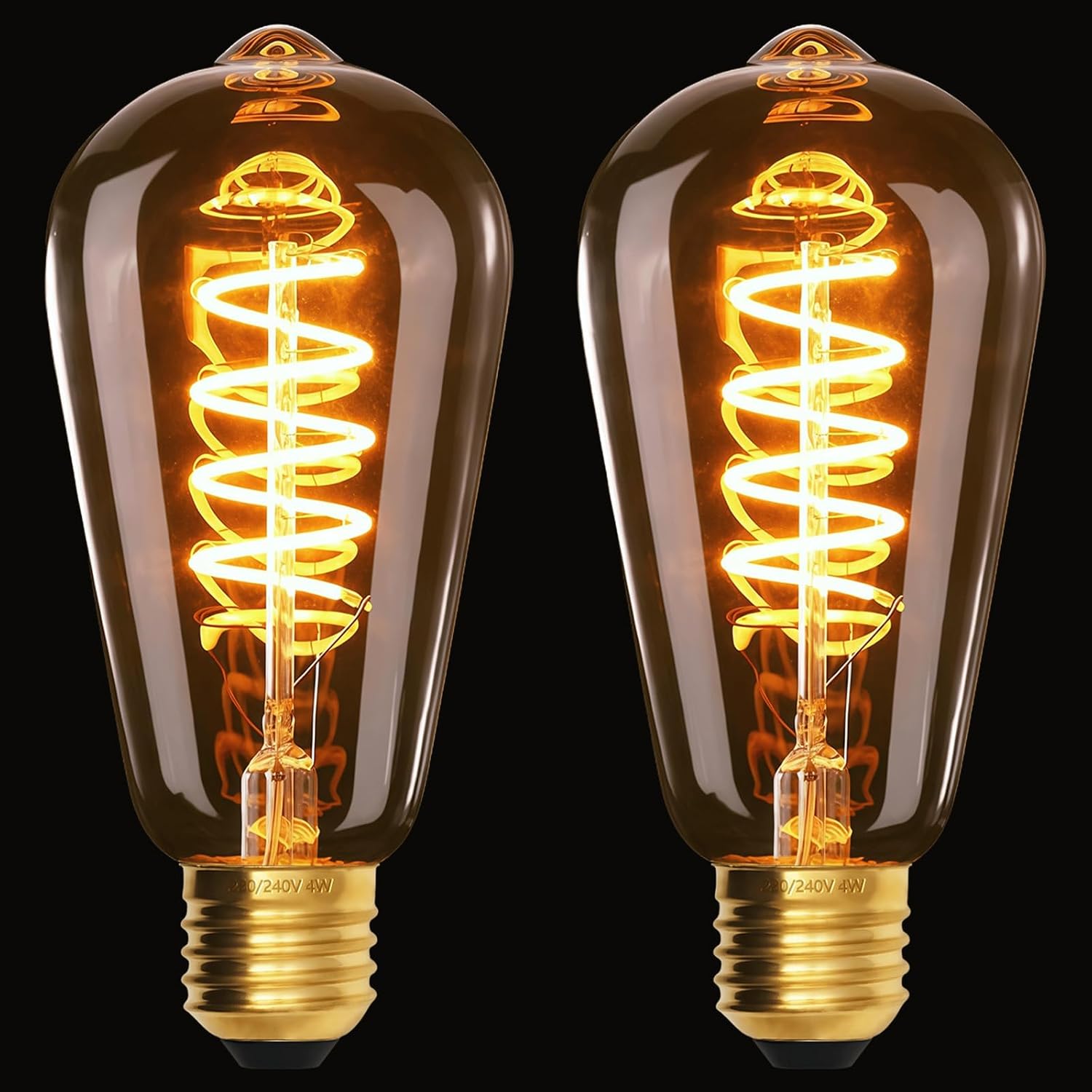2 Pack E27 Vintage LED Light Bulbs, ST64, 4W, 220-240V, Spiral Filament, 2200K Warm Yellow Glow, Amber Glass, Dimmable Edison Screw in Light Bulb [Energy Class E]