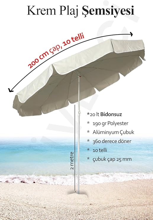 Mega Şemsiye 10 Telli Kalın Polyester Kumaşlı Balkon, Plaj Şemsiyesi (Bidon Hariç) - Krem