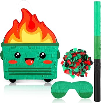 Poen Dumpster on Fire Pinata for Birthday Party 15. 75 x 12. 6 Inch Pinata with Bat Blindfold Confetti for Baby Shower Photo Props Cinco De Mayo Fiesta Decoration Kids Teens Adults Supplies(Green)