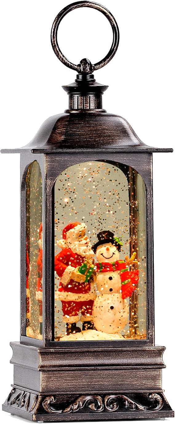 Christmas Snow Globe Lantern, Musical Snow Globe with Swirling Glitter, Battery Powered, Christmas Decorations Indoor for Home - Santa and Snowman