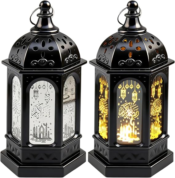 2PCS LED Ramadan Lantern Lights Gold Moon Castle Meteor Design for Eid Mubarak Gifts Home Decorations Table Wall and Eid Centerpieces(Black)