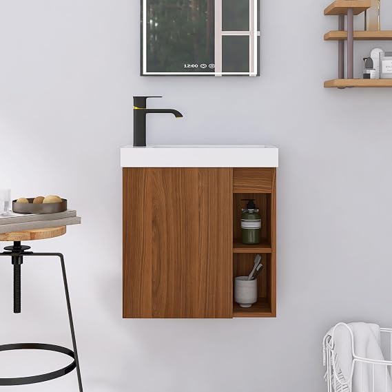 20" Floating Bathroom Vanity with Sink, 20 inch Single Sink Bathroom Wall Mounted Vanity Combo for Small Space, Brown Wall-Hung Cabinet Set with 1 Door and White Resin Basin Top(07520CPW)