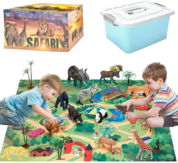 Safari Animals Figures with Activity Play Mat & Storage Box, Realistic Plastic Jumbo Playset, Jungle Wild Zoo Animals Toys for Kids Toddler 3-5, 22Pcs Birthday Gifts Christmas Stocking Stuffers