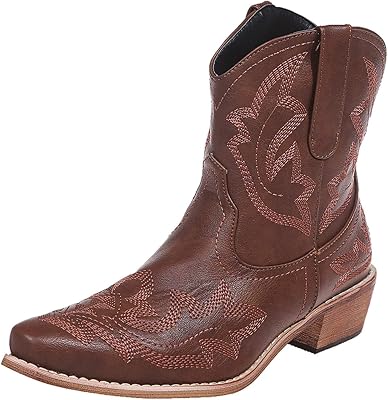 Western Boots for Women Cowboy Cowgirl Ankle Booties Pointed Toe Low Chunky Heels Embroidered Stitched Classic Country Short Boots Fashion Retro Ethnic Block Heel Pull On Casual Boot