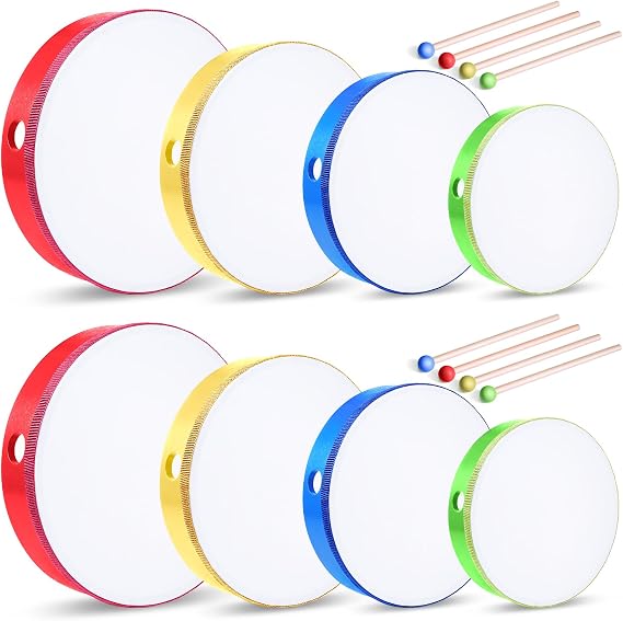 Boao 8 Pcs Hand Drums Percussion Wood Frame Drums with Stick 12 10 8 6 Inch Musical Instruments for Educational Percussion Music Adults Beginners Gifts, Multicolor