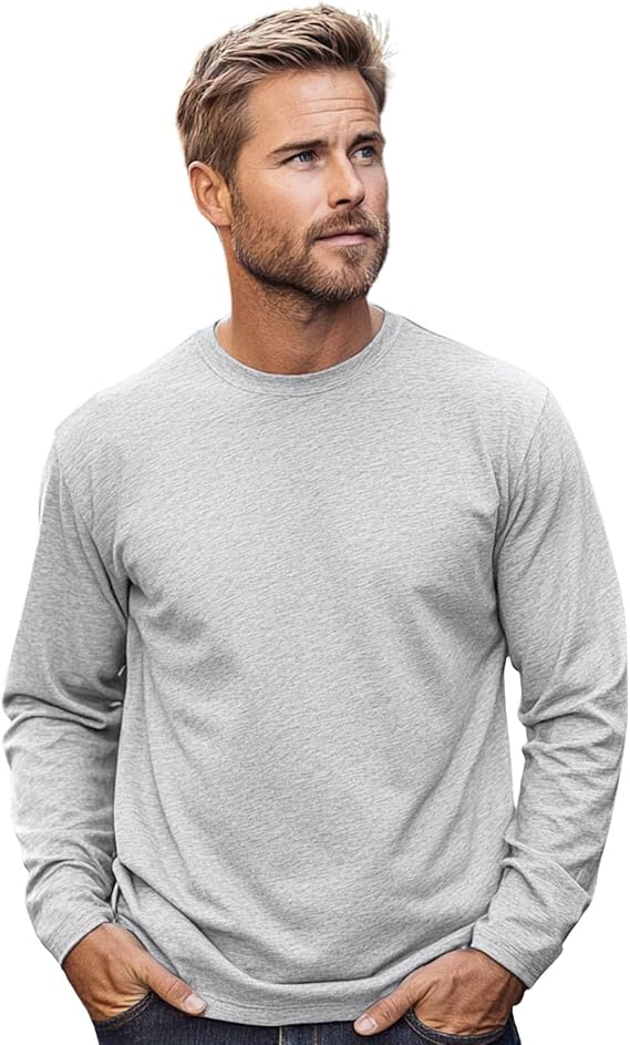 Men’s 100% Soft Organic Cotton Heather Grey Long Sleeve T-Shirt Crew Neck Casual Training Hiking Workout Athletic Tee