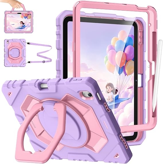 Fintie Kid-Friendly Case for iPad (A16) 11th Gen 11-inch, iPad 10th Gen | for iPad 10th Generation 10.9", Rotating Stand, Heavy Duty Shockproof Cover with Screen Protector & Shoulder Strap, Purple