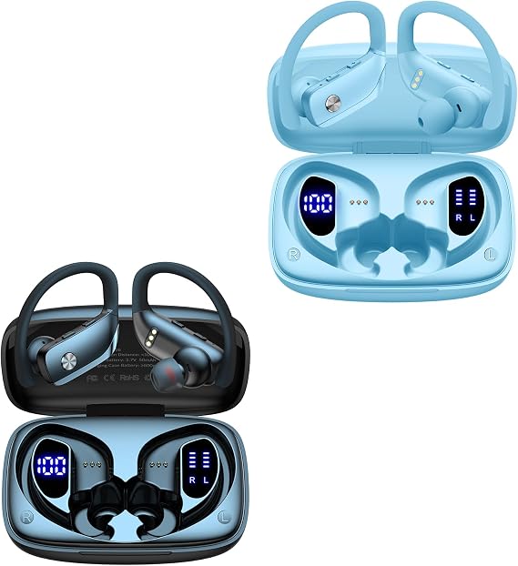 2 Sets Wireless Earbuds Bluetooth Headphones 48hrs Play Back Sport Earphones with LED Display Over-Ear Buds with Earhooks Built-in Mic Headset for Workout Black + Sky Blue