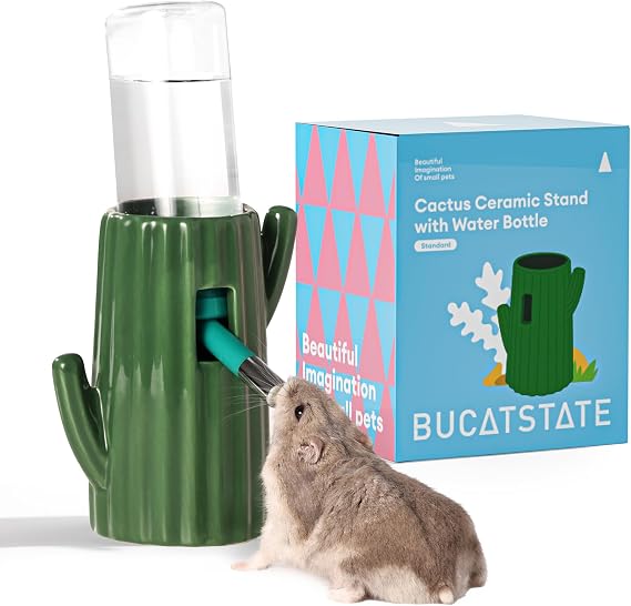 BUCATSTATE Cactus Ceramic Leakproof Hamster Water Bottle Gerbils Water Bottles with Holder Water Feeder for Small Animals (Green)