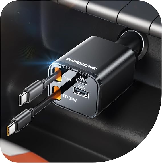 SUPERONE Compact Retractable Car Charger with Dual Type C Cables, Black/69W