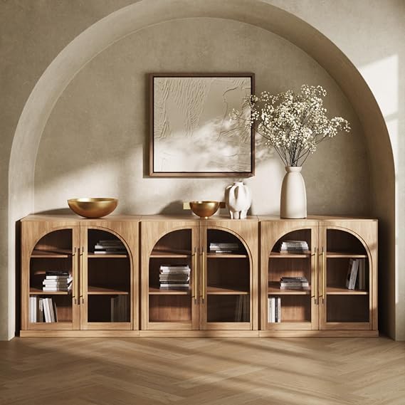 BELLEZE Set of 3 Modular Sideboard with Arched Glass Door, 97'' Accent Display Buffet Cabinet with Storage and Adjustable Shelves,Classic Modern Credenza for Living Room Kitchen Entryway (Camel)
