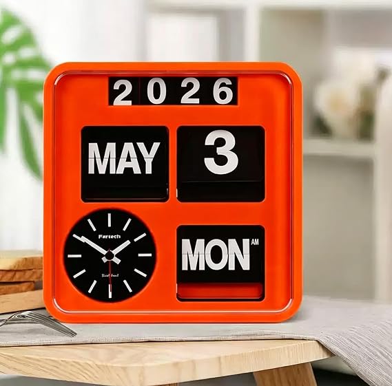 Automatic Perpetual Calendar Flip Clock, Large Number Display Flip Down Clock with Date Day Month Time, Retro Vintage Desk Clock for Home Office Living Room Bedroom Decor (Orange)