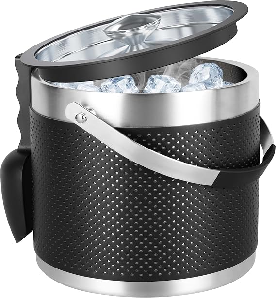 3.4 Quart Double-Wall Insulated Ice Bucket for Parties, Leather Design | Lid & Scoop Included, Double Wall Stainless Steel, For Cocktail Bar & Parties, Black