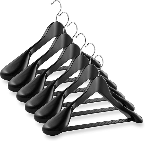 Casafield - 6 Black Wide Shoulder Wooden Suit Hangers - Premium Lotus Wood, Non-Slip Pant Bar & Chrome Swivel Hook for Dress Clothes, Coats, Jackets, Pants, Shirts, Skirts