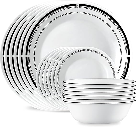 Corelle Round Dinnerware Set - 18-Piece for 6 People, Lightweight Round Plates and Bowls Set, Vitrelle 3-Layer Glass, Chip and Scratch Resistant, Microwave and Dishwasher Safe, Brasserie