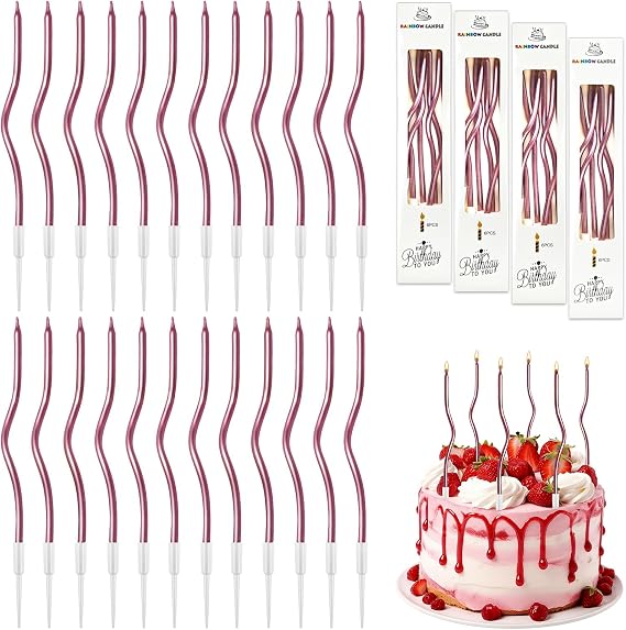 24-Pack 15CM Long Twisted Gold Spiral Birthday Candles with Holders, Metallic Thin Cake & Cupcake Candles Topper for Birthday Wedding Party Anniversary Graduation Celebrations (Rose Gold)