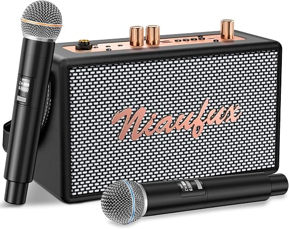 Karaoke Machine, Retro-Design Speaker with 2 Wireless Microphones for Adults & Kids, Portable Karaoke System for Home Party, Bluetooth/AUX/USB/TF/TWS Support, Gifts for Women & Girls