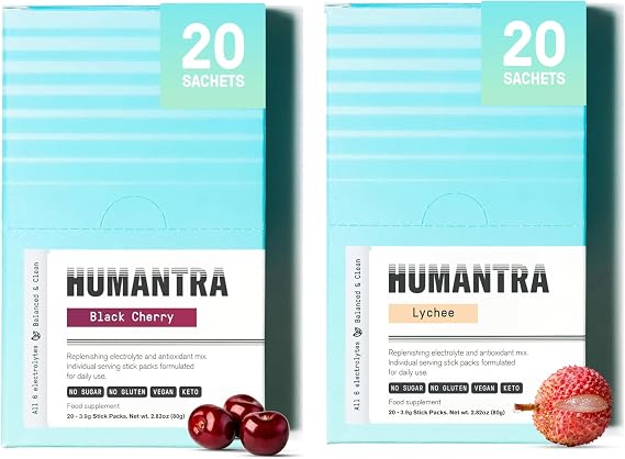 Humantra Electrolytes Powder - Black Cherry & Lychee Flavor, 40ct - Powdered Hydration Sachets - Plant-Based Electrolyte Powder with 6 Electrolytes - Vegan, Sugar Free, Gluten Free