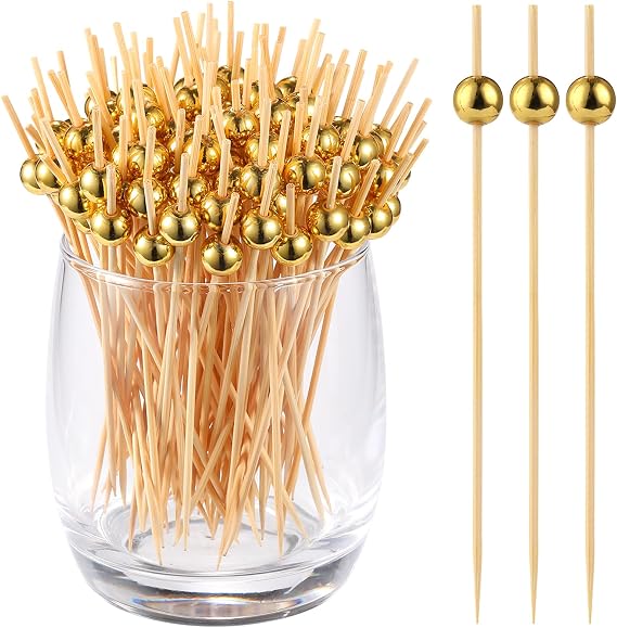200 PCS Cocktail Picks, Fancy Toothpicks for Appetizers Bamboo Tooth Picks | Mini Gold Ball Food Sticks 4.7 Inch, Natural Wooden Decorative Skewers for Drinks Party Fruit Kebab Burger Charcuterie Board