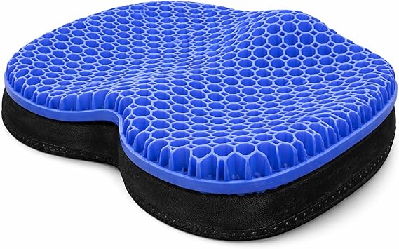 Blue Gel TPU Seat Cushion Large Contoured Honeycomb Cooling Gel Cushion for Long Sitting, Pressure Relief for Tailbone & Sciatica, Non-Slip Washable Cover 18.89 x 14.96 in