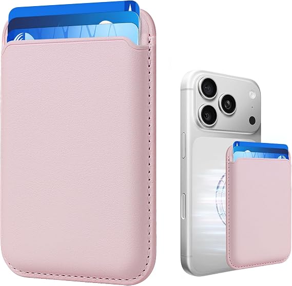 Magnetic Wallet Cell Phone Card Holder for Phone Case with Mag-Safe | Stronger Magnetic RFID Leather Phone Wallet Stick on Series of iPhone 17/16/15/14/13/12 and Pro/Promax, Blush Pink