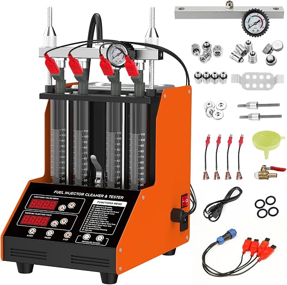 Fuel Injector Cleaning Machine, Cleaning Kit and 4 Cylinder Automatic Fuel Injector Tester, 9 Test Modes, Ultrasonic Cleaning Kit for Injectors