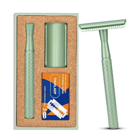 Forest Green Safety Razor - Single Blade Razors for Women - Reusable Metal Razor, with 5 Stainless Steel Double Edge Blades, Smooth Close Shave, Sustainable, Plastic Free