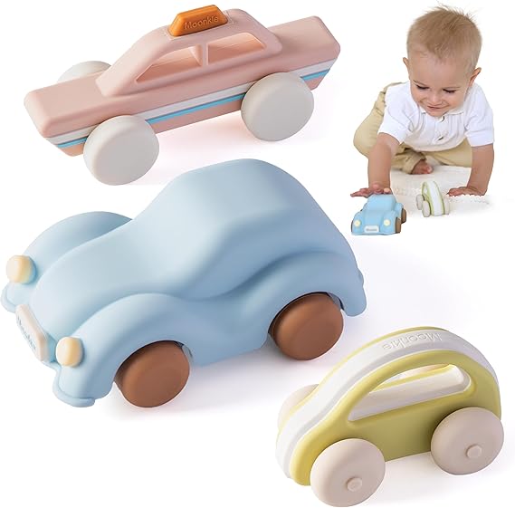 Moonkie Food Grade Silicone Toy Cars for Babies & Toddlers, Push and Go Baby Car Toys 612 Months, Hollow Design Infant Toys, Baby Teething Toys 46 Months, Birthday Gifts for Boys & Girls, 3 Pack