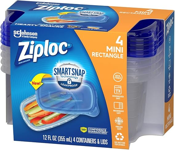 Ziploc Container, Medium Rectangle, 1.5 Cups, 4 Count (Pack of 1)