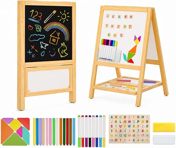 Kids Easel Wooden Art Easel for Kids, Tabletop Magnetic Drawing Board with Dual Chalkboard & Whiteboard, Foldable No-Assembly Design, Art Set with 54 Magnetic Letters & Numbers and Dustless Chalk