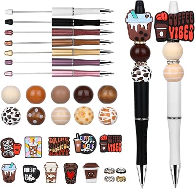 12 Pcs Beadable Pens Kits Assorted Bead, Black Ink Ballpoints, Wood Crystal Round Spacer Set,DIY Craft Set for Office Supplies and Gifts Making, Beadable Items Bulk for Women and Beginners