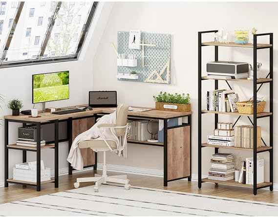 FATORRI Industrial L Shaped Computer Desk and 5 Tier Bookshelf for Home Office (Rustic Oak)