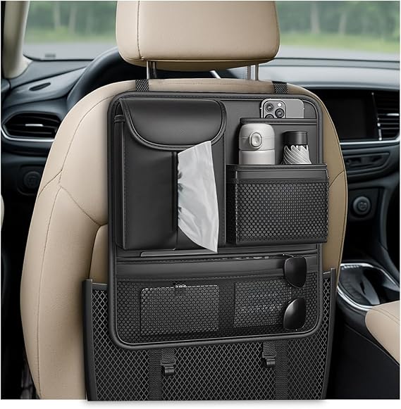 Car Backseat Organizer, Multifunctional Leather Vehicle Seat Headrest Organizer Bag with 5 Storage Pocket & Tissue Box, Auto Hanging Seat Back Protector Kick Mats, Universal Fit