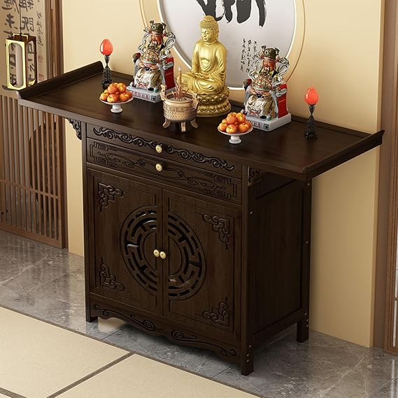 Altar Table With Storage Bamboo Cabinet, Meditation Shrine Altar Shelf With Pull-Out Offering Tray, Vintage Carved Temple For Rituals, Home Worship Pooja Mandir Prayer Stand