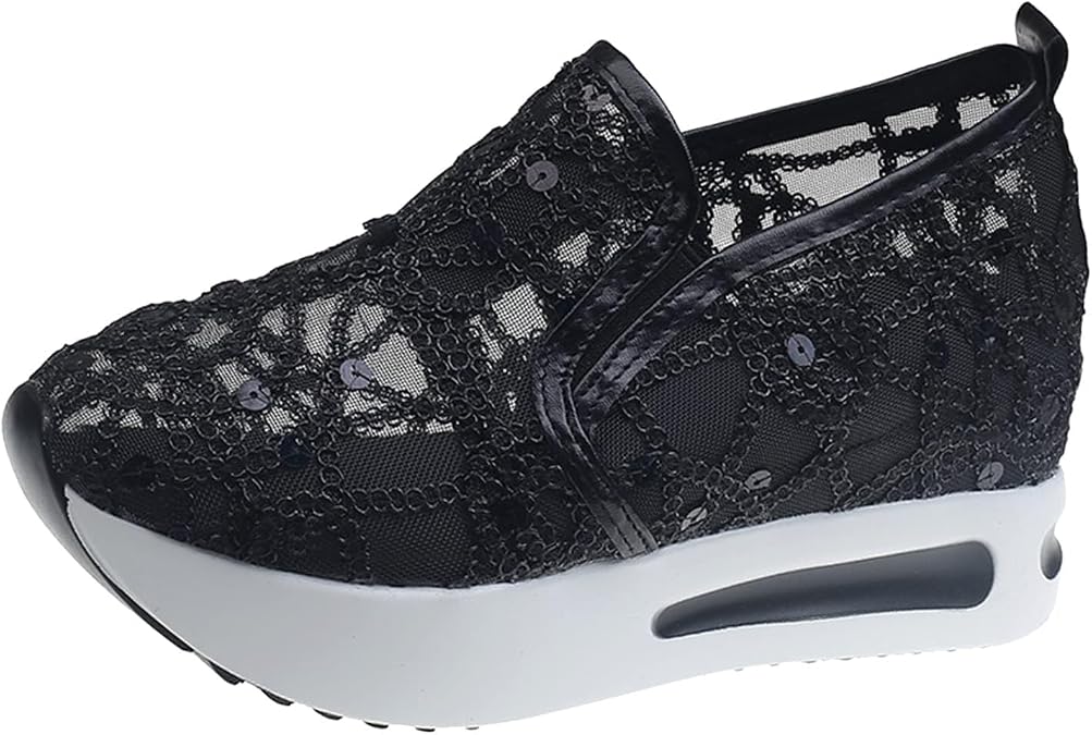 Womens Tennis Shoes Embroidery Floral Mesh Breathable Sneakers Platform Wedge Non-Slip Athletic Walking Shoes Comfort Chunky Sole Hidden High Heels Slip On Loafers