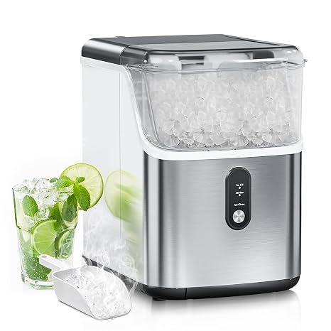 Ice Maker Countertop, 6min/Cycle, 33lbs/24H Soft Chewable Ice, Nugget Ice Maker with Basket & Scoop, One-Click Operation, Self-Cleaning, Portable Ice Machine for Home/Kitchen/Office (Silver)