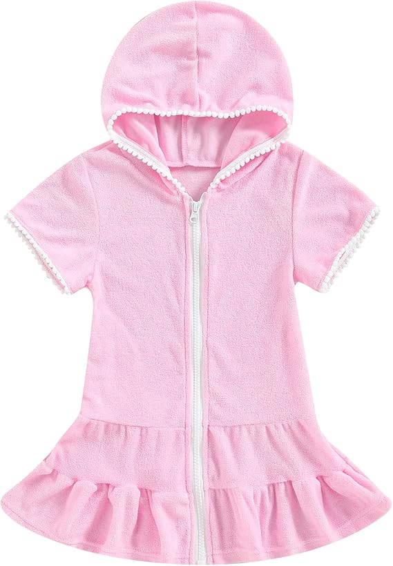 Kid Girls Swim Cover Up Kid Hooded Zip-Up Terry Swimsuit Coverup Towel Bathing Suit Bathrobe Pool Beach Robe Dress
